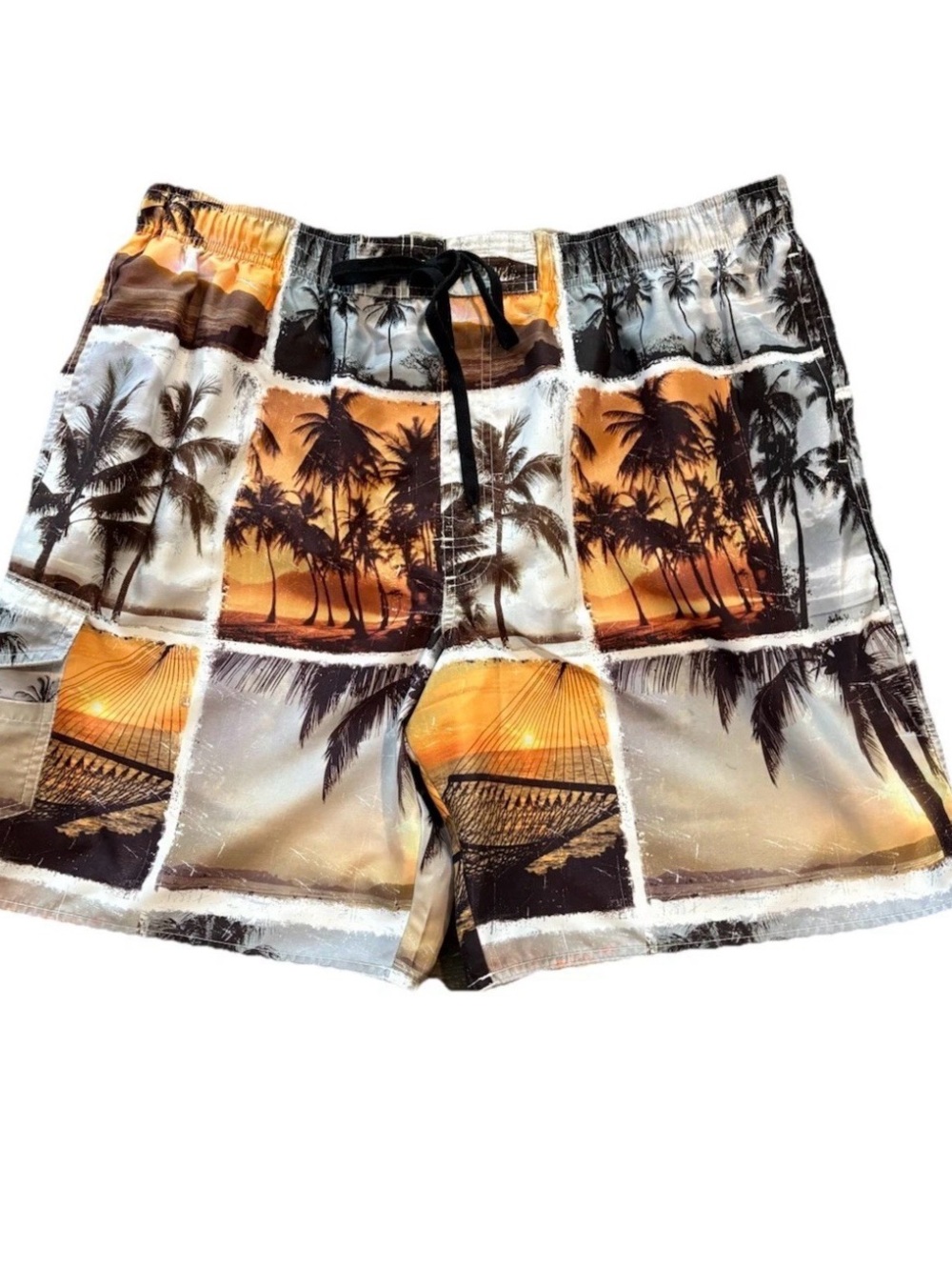 Paradise Shores Men's Tropical Palm Tree Lined Swim Shorts Orange Sunset XXL